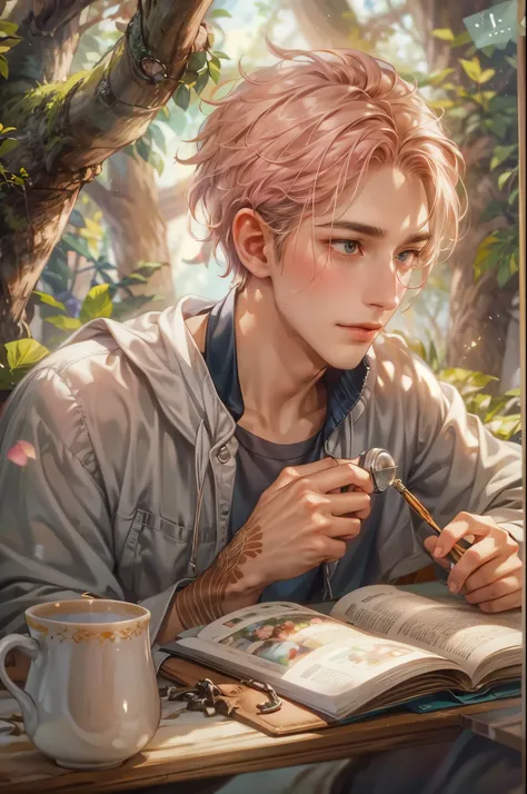 ((Best quality)), ((masterpiece)), (detailed), ((perfect face)), ((halfbody)) handsome young boy artist, pink hair, engaging in various activities within his cozy home nestled in a serene forest. Capture moments of his daily life, such as painting, reading...