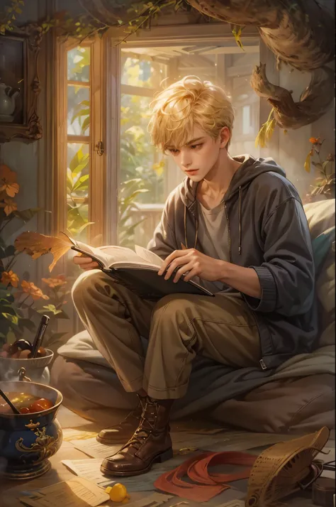 ((Best quality)), ((masterpiece)), (detailed), ((perfect face)), ((halfbody)) handsome blonde young boy artist, engaging in various activities within his cozy home nestled in a serene forest. Capture moments of his daily life, such as painting, reading, pl...