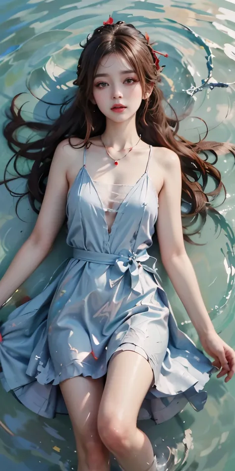 （Modify hair only、Face）Lie flat on the water，pearl necklace，Light blue transparent dress，Reddish-brown hair，curls，ponytail，Nice bun，Perfect hairstyle，red headdress，red eyes，red eye，red pupils，Delicate and detailed eyes，sparkling eyes，huge 