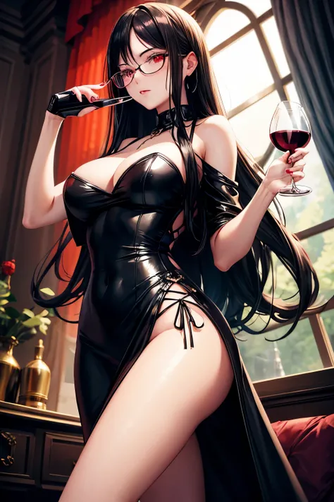 Sexy girl, holding a wine glass, wearing glasses, with tight black shorts dress, red eyes, long black hair, in a luxury mansion, standing in night window, flat face, negative vibes