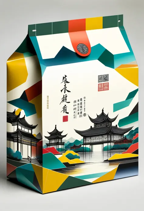 bag packaging design,Product packaging design:Geometric abstract ink,Describe the Jiangnan landscape architectural complex,Wu Guanzhongs style is an artistic expression that merges traditional Chinese ink techniques with Western painting concepts. It is ch...
