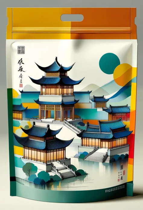 bag packaging design，Product packaging design：Geometric abstract ink，Describe the Jiangnan landscape architectural complex，Wu Guanzhongs style is an artistic expression that merges traditional Chinese ink techniques with Western painting concepts. It is ch...