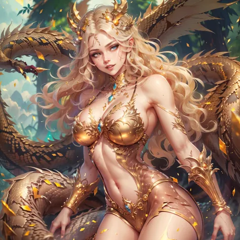 (best quality,4k,8k,highres,masterpiece:1.2), ultra-detailed, realistic, naked sexy dragon woman with gold glittering scales, skin is glittering golden scales, long wavy blonde hair, very playful but mischievous smile, huge tits, gigantic breasts, naked, n...