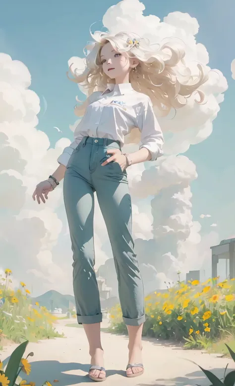 masterpiece， best quality，correct anatomy， 1 girl， Short and wavy hair， platinum blonde， shirt， Pants，fluffy clouds， bright， Full of energy， hapiness