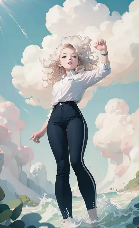 masterpiece， best quality，correct anatomy， 1 girl， Short and wavy hair， platinum blonde， shirt， Pants，fluffy clouds， bright， Full of energy， hapiness