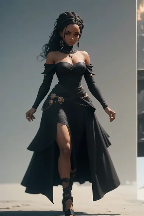 Crie um personagem 3D para um jogo, uma mulher negra com estilo medieval, usando um vestido de seda preto.