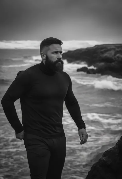 black and white photo of a 35 year old man in black clothes, face, wearing a beard, very short black hair, half body, highly detailed skin, skin pores, coastline, cloudy weather, wind, waves, 8k uhd, dslr , soft lighting, high quality, film grain, Fujifilm...