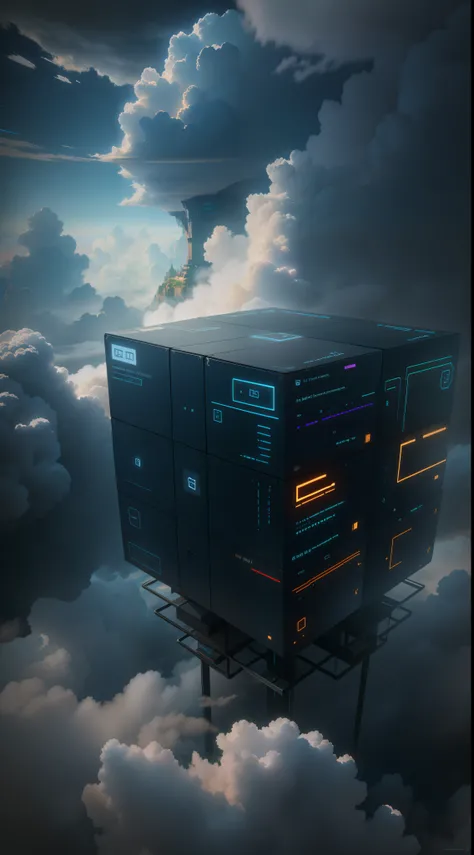 A black cube database stands in the cloud, Beneath the clouds is a flood of data, technical, 3d, actual, actual, Cinema-level lighting effects, exquisite details, Digital Photography--s 2