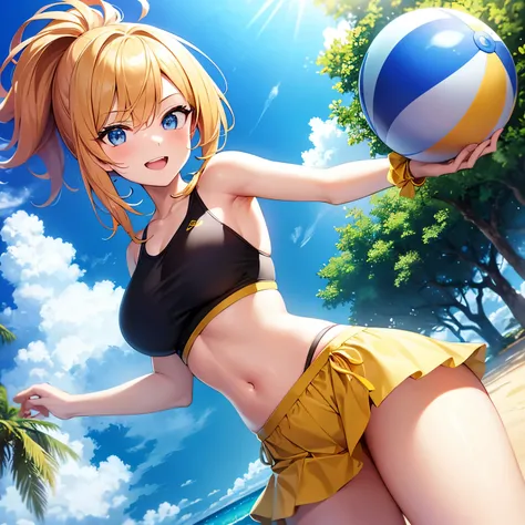 {{{{{masutepiece,Best Quality,ultra-detailliert,8K}}}}},1 woman,Happy laughter,Beautiful ponytail hairstyle,Beautiful face,beautiful large blue eyes,Have a beach ball,Beautiful summer beach background,(yellow sport ware),beach valleyball,