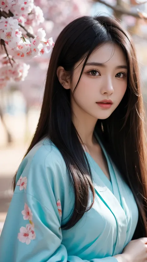 Beautiful Japanese supermodel woman, A lock of hair with slight highlights, black eyes, mixed media, Sexy，Sakura background，Gorgeous kimono , Liquid color flows across her face, Backlight