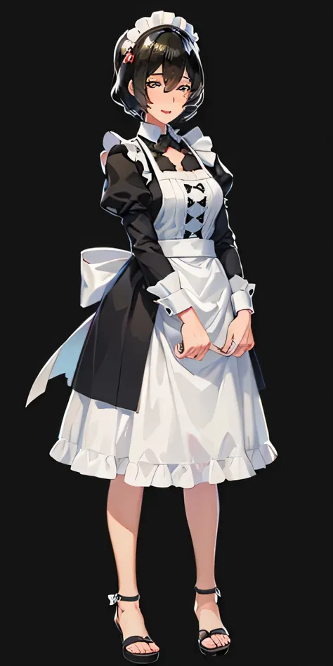 1 girl, cute, ((short black hair girl)), maid victorian, maid apron, straight face, dazed, body position: are standing, straight...