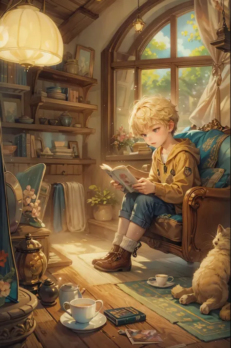 ((Best quality)), ((masterpiece)), (detailed), ((perfect face)), ((halfbody)) handsome blonde young boy artist, engaging in various activities within his cozy home nestled in a serene forest. Capture moments of his daily life, such as using his smartphone,...