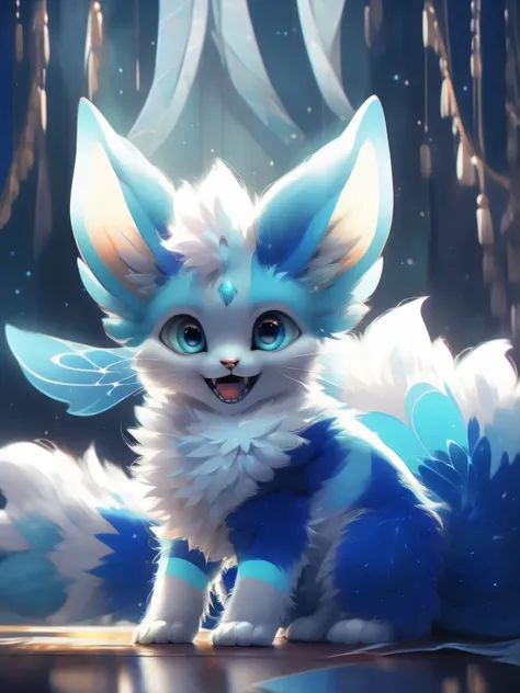 (best quality, high resolution, Super detailed), (actual:1.37), bright colors, (cyan theme:1.1) background, fairy cat, blue and white fur, Long furry tail, open mouth