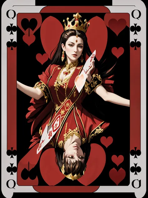 (highres:1.2),symmetrical design card,queen of hearts,playing card style,poker card,elaborate patterns,heart-shaped crown,red an...