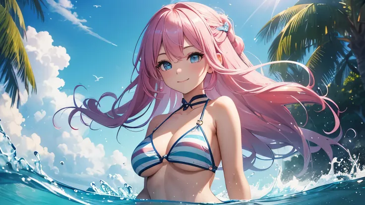 8k, high resolution, (masterpiece:1.4), 1 girl，Half-length photo，long pink hair，通过刘Ocean，There are braids on both sides，charming smile，Blue and white striped bikini，medium chest，Glowing and radiant skin，Super detailed, cloudless sky，Ocean，Baiyun，space, flo...