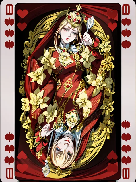 (best quality,ultra-detailed,realistic:1.37),symmetrical design card,queen of hearts,playing cards,ornate gold details,elaborate...