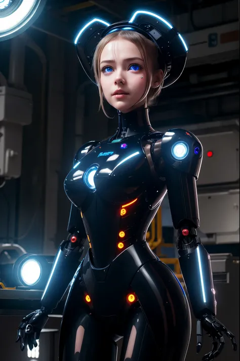 A robot maid reports for inspection, she is perfectly symmetrical. backlit eyes, plastic formed hair, obvious mechanical limbs, human face, maid outfit, factory setting