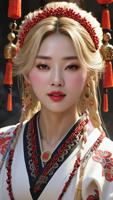 (hyper real)、ancient shrine maiden、古代のfemale shaman、
Hugeness　beautiful woman　High level image quality　High resolution　realistic　short hair　blonde、　blondeの女性、mature woman、middle-aged women、((big big))、fine skin texture、超High resolution、realistic、plump body...