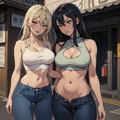 2girl, two girl, an anime drawing by Shitao, Guweiz style artwork, beautiful alluring anime teen, ecchi style, masterpiece,high quality,4k, bare shoulder,belly,crop top,outdoor,cleavage,jeans,casual
dress,street,road,smile, open mouth, (nsfw) not safe for ...