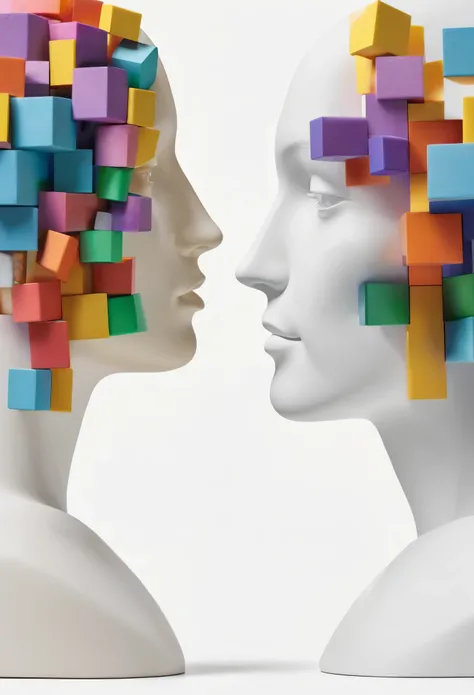 two heads with colorful blocks in the shape of a human head, looking at each other unconsciously, face to face, face to face, faces looking at each other, two heads, cognitive cohesion coherence, heads and human heads, Both faces are visible, look to the r...