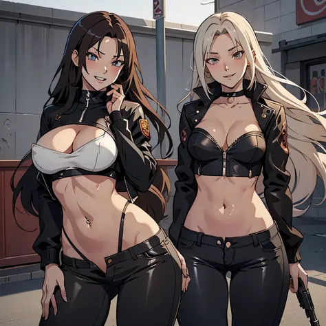 2girl, two girl, an anime drawing by Shitao, Guweiz style artwork, beautiful alluring anime teen, ecchi style, masterpiece, best quality, highly detailed, a girls with a gun, evil smile , open mouth, sexy gaze, badass pose , evil smile, smile, (nsfw) not s...