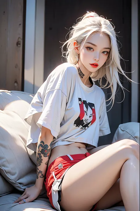 lifelike, high resolution, 1 female, adult, alone, buttocks up, jewelry, tattoo, streetwear, t-shirt, white hair, shorts, cosmet...