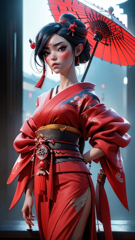 Mujer arafed con un kimono y un paraguas rojo., (ross tran 8 k? , obra de arte al estilo de guweiz,( geisha ciberpunk:1.4) , (hermosa obra de arte digital V2.1 ) , cinematographic. por leng jun, cgsociety y fenghua zhong, obra maestra de guweiz, Obra maest...