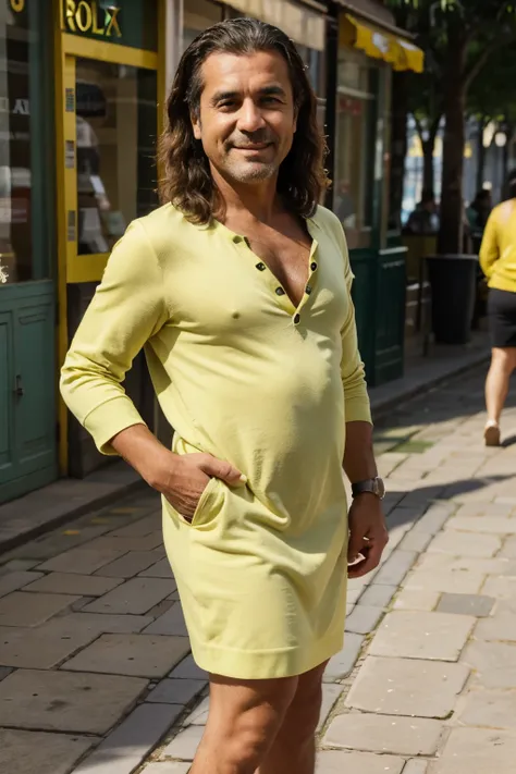 50-year-old man, cabelo loiro, with rolex watch on the right wrist, orelhas com brincos de argola, standing, vestido xadrez verde e amarelo, sorrindo, background in paris france