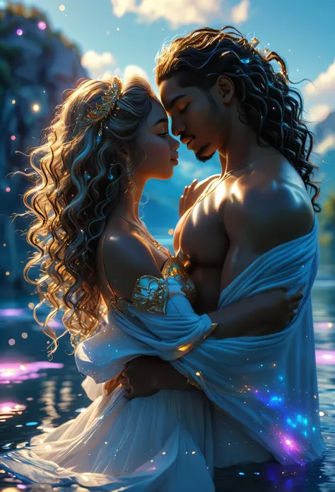 Loving couple in a celestial landscape, young dark-skinned couple in their 20s, in a lake, a man and a woman, he is a divine prince with long curly brown hair, she is a mixed-race blonde princess with grey eyes, Full body, 8K, extremely detailed, high qual...