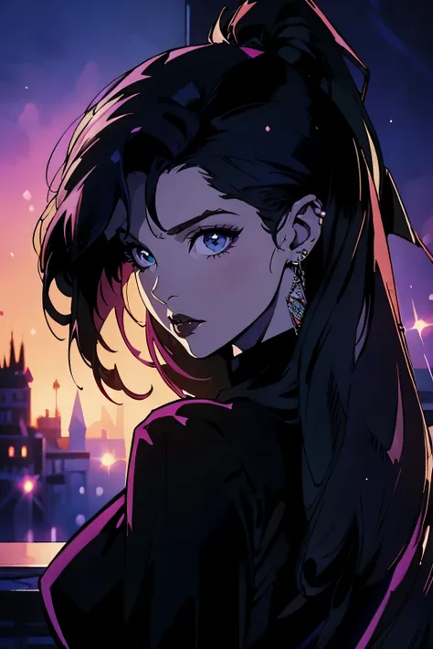 oil art,goth castle,goth vampire queen,standing in front of the goth castle,outside is night sparkles,more sparkles,hd formal, fancy, ,simple background,black envoirment