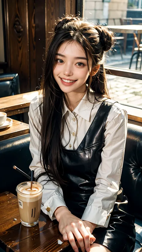 highest quality, masterpiece, ultra high resolution, (realistic:1.4), (portrait facing each other) RAW photo, 1 girl, 22 years ago,slender body,Medium chest,((winter uniform)),((long hair bun hair)),((Drinking latte and chatting at a cafe)),((There&#39;s a...