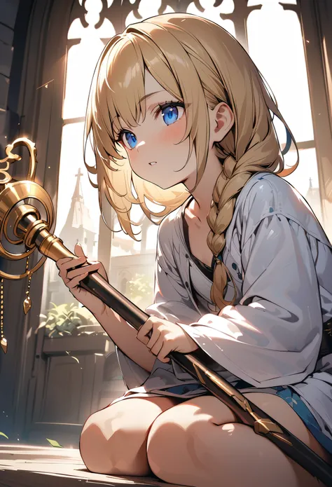 1boy, trap, blonde hair, long single back-length braid, blue eyes, flat chest, somewhat short person, white robes, bare legs, extremely girly boy, clutching golden staff, church background, textured skin, UHD, UHD, UHD, UHD, award winning, high details, in...