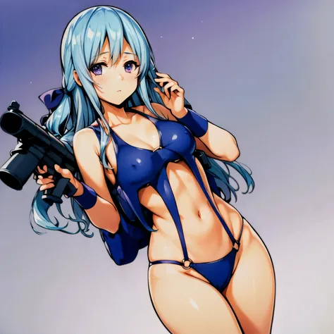  alone, 1 girl, hair accessories, long hair, light blue hair, hair ribbon, purple eyes, Shiina Hiyori, Classroom of the upper classes, medium sized breast, swimming costumeชุดรบอิมพีเรียลการ์ด, Bikini O-ring, V Gundam, swimming costume, nonsense, height, a...