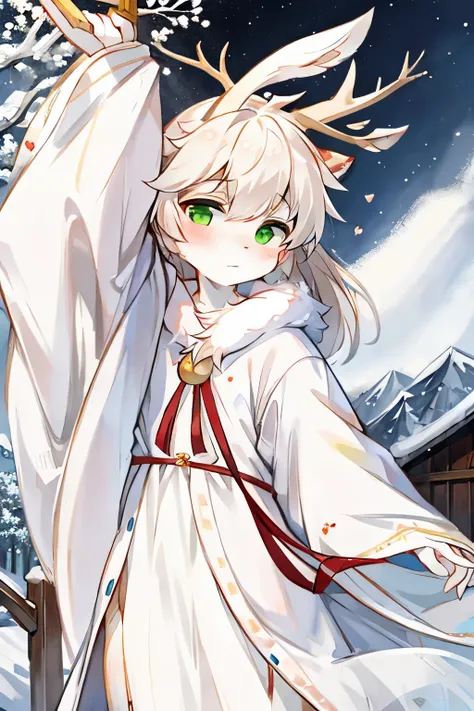 a white deer，A deer antler，Green pupils，Lovely shota，starry sky，mountains，，Snow，blizzard，Falling peach blossoms，white robe，flowing robe，