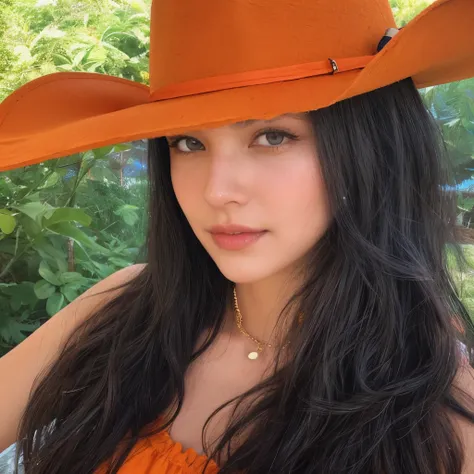 arafa woman wearing orange hat and orange dress, 🐎🍑, olhos laranja brilhantes, vaqueira, wearing a choker and a cute hat, por Juliette Wytsman, orange halo around the head, with hat, justina blakeney, 🤠 usando um 🖥, Kailee Mandel, tons laranja, ela tem lon...