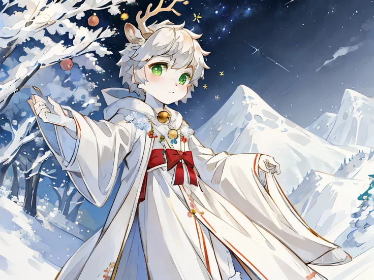 a white deer，A deer antler，Green pupils，Lovely shota，starry sky，mountains，，Snow，blizzard，Falling peach blossoms，white robe，flowing robe，Wear a bell，Christmas deer，Christmas costumes