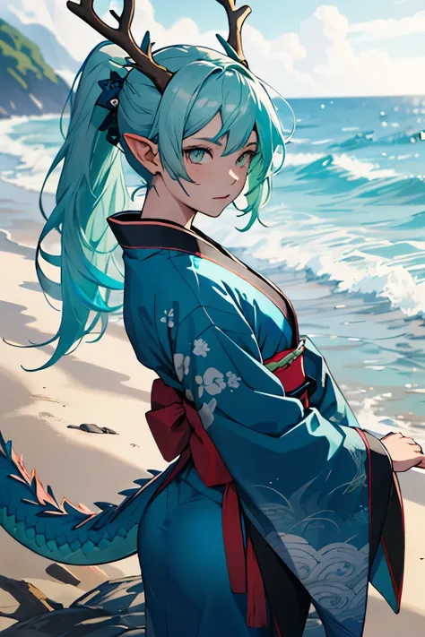 Young adult woman, slim but curvy, long seafoam green hair, very small antlers with blue color, eastern dragon tail at top of butt, dark blue dragon scales on her back and arms, silver eyes, small pointed ears, long ocean themed kimono with mainly blue col...