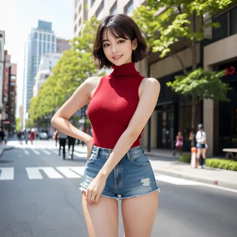 (masterpiece、highest quality、8k、Award-winning work、ultra high resolution)、one beautiful woman、(very short short hair:1.5)、(perfect red sleeveless turtleneck knit:1.1)、(denim shorts:1.2)、(solo:1.1)、(Full body photo:1.2)、(Standing in an elegant model pose:1....