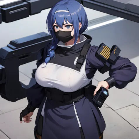 a woman wearing a black swat uniform, with protective equipment on her body in an open place, dark blue hair, large breasts, wea...