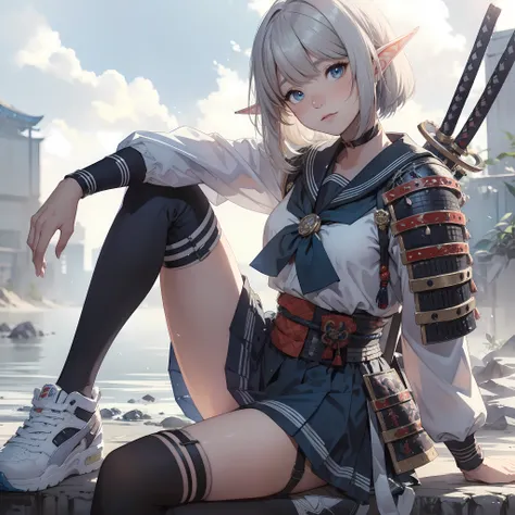 portrait of high school elf girl, asymmetrical bangs, short hair, white hair, blue eyes, sailor dress with (samurai armor:1.4), ...