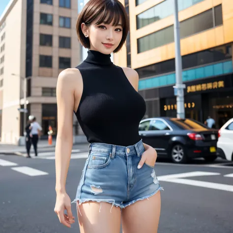 (masterpiece、highest quality、8k、Award-winning work、ultra high resolution)、one beautiful woman、(very short short hair:1.5)、(perfect red sleeveless turtleneck knit:1.2)、(denim shorts:1.2)、(solo:1.1)、(Full body photo:1.2)、(Standing in an elegant model pose:1....