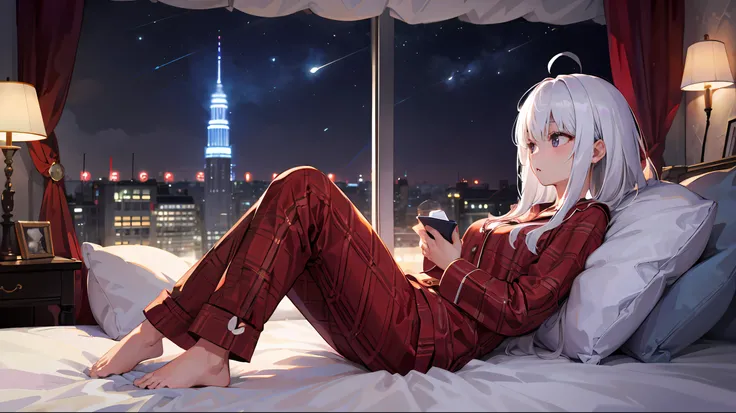 4k、real、Attractive、Extremely detailed、There is a girl in pajamas on the bed、she is very sleepy、white theme、white hair、25 years old、whole body whole body、((night))、