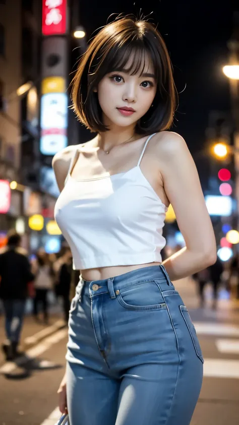 1 girl、that&#39;s tokyo street、night、City view、city lights、Full body Esbian、laughter、、(8k、original photo、highest quality、masterpiece:1.2)、(realistic、real picture:1.37)、delicate eyes、fine eyelashes、white tube top and leather jacket、denim hot pants、Huge 、del...