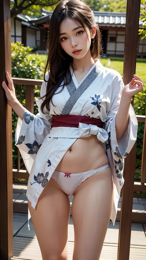 beautiful girl, young girl, pretty girl, thin girl, traditional Japanese clothing, traditional Japanese kimono, printed kimono, (standing: 1.1), (showing panties: 1.3), ( white panties: 1.1), tight panties, tiny panties, front, frontal, (cameltoe: 1.2), in...