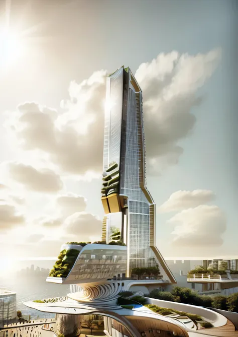 High-rise building in a futuristic city designed by Zaha Hadid, futuristic buildings, modern buildings, imagination, fusion between the future and the past, hanging gardens, hanging gardens of Babylon, sustainability, future technology, architectural creat...