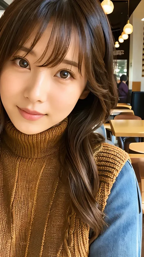 Close-up of a woman wearing a brown knit posing inside a bright and stylish cafe, Chiho, Ayaka, deayami kojima, sun yunjoo, Yoshitomo Nara, harumi, nishimiya shouko, Lee Ji Eun, Lee Ji Eun, Choi Hong Hwa, ayami kojima amano, Park from to