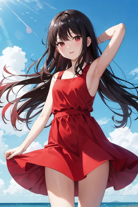 A giri,plain red sleeveless dress,black straight hair,blown by the wind,armpit