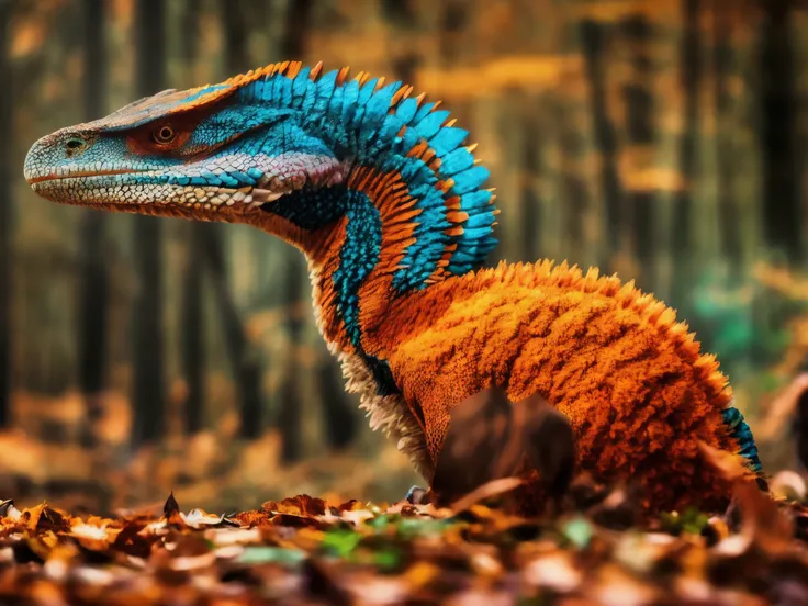 compose an ultraasharp image showcasing a majestic Velociraptor reptile with a fiery palette of orange  and red feathers. The birds eye should be a striking turquoise, set against the contrasting plumage, with a sharp, curved Jaws. The feathers are detaile...