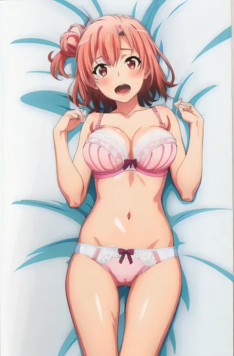 Yuigahama Yui , Body pillow , light pink lace bra,pink panties,(NSFW),,whole body,thighs,calf,open your mouth,