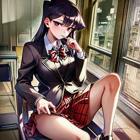 komiShouko, masterpiece, best quality, absurdres, 1girl, looking at viewer, v arms, pantyhose, classroom, school uniform, red skirt, red bow, blazer, window, sitting, chair, crowd,cross legs